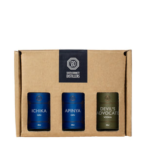 Gift pack containing South Burnett Distillers Ichika Gin, Apinya Gin, and Devil's Advocate Vodka