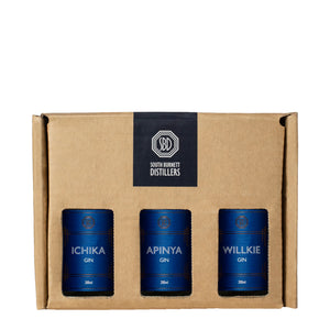 Gift pack containing South Burnett Distillers Ichika Gin, Apinya Gin, and WIllkie Gin