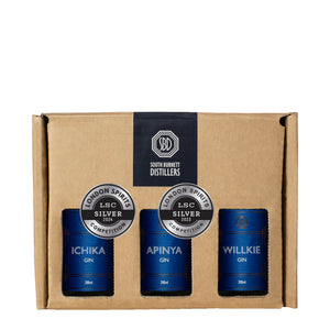 Gift pack containing South Burnett Distillers Ichika Gin, Apinya Gin, and WIllkie Gin. Silver award medals on box